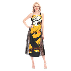 Halloween Night All-Over Print Women Lace Cami Cross Back Dress, Sexy Sleepwear - Wonder Skull