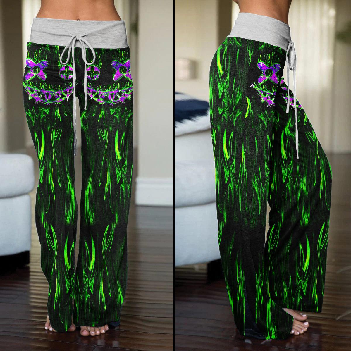 Green Flame Horror Smile Skull High-waisted Wide Leg Pants - Wonder Skull
