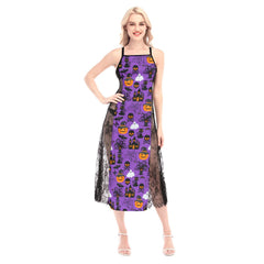 Halloween Purple Pattern All-Over Print Women Lace Cami Cross Back Dress - Wonder Skull