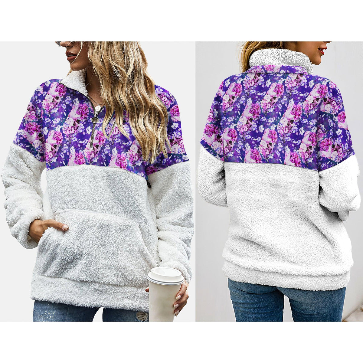 Purple Skull Rose Pattern Fleece Sweatshirt With Half Zip - Wonder Skull