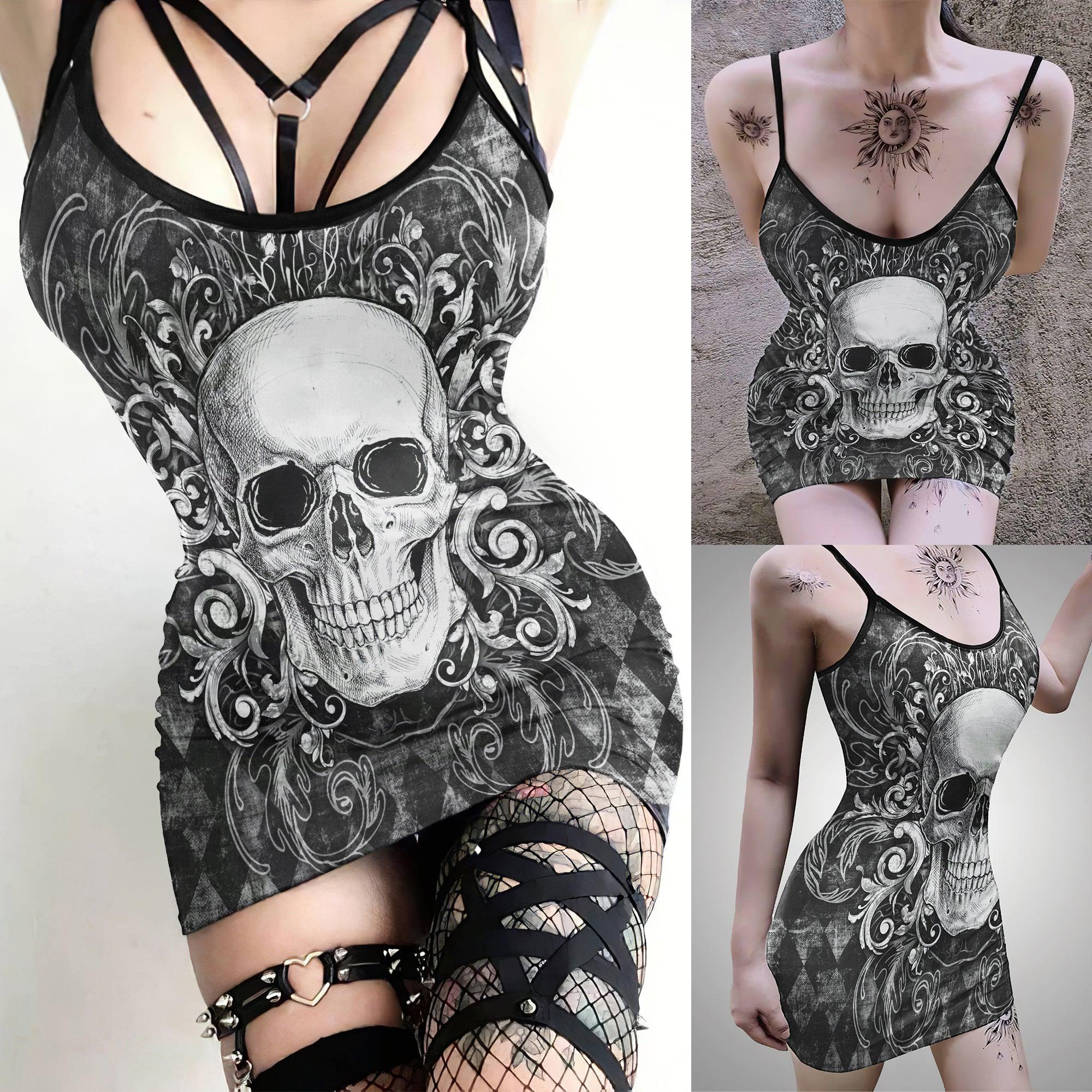 Black Grey Gothic Skull Ornament Printed Body Dress, Hot Sleeveless Minidress For Women - Wonder Skull