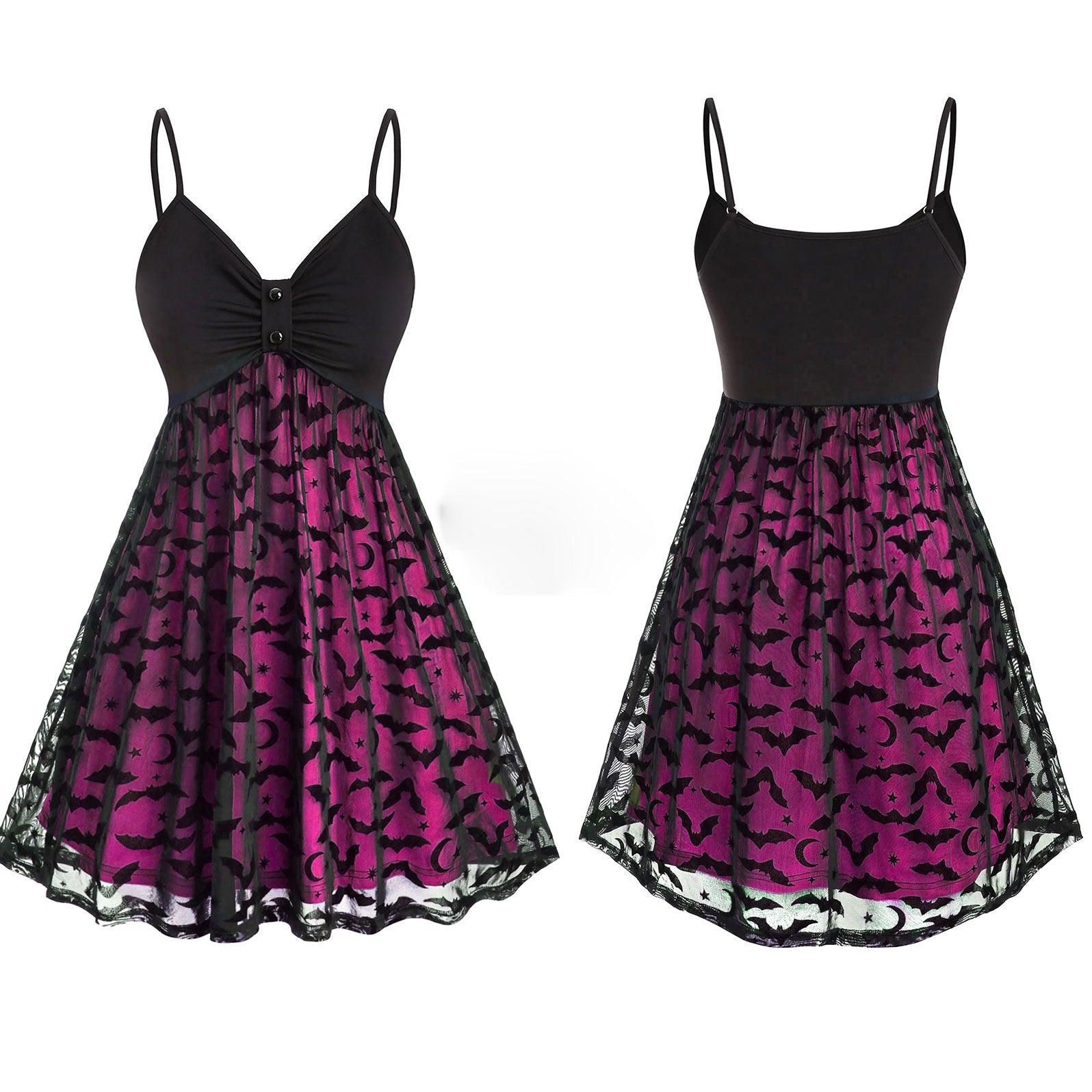Gothic Bat Mesh Pink Neon Double Layer Dress, Sexy Strap A-Line Party Vestidos For Women - Wonder Skull