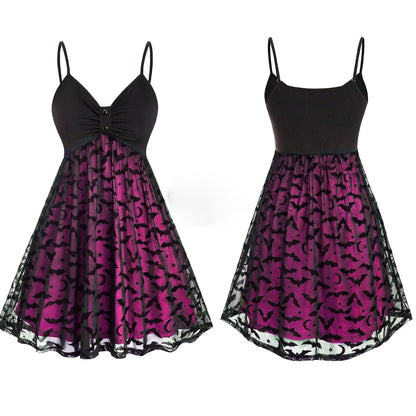 Gothic Bat Mesh Pink Neon Double Layer Dress, Sexy Strap A-Line Party Vestidos For Women - Wonder Skull