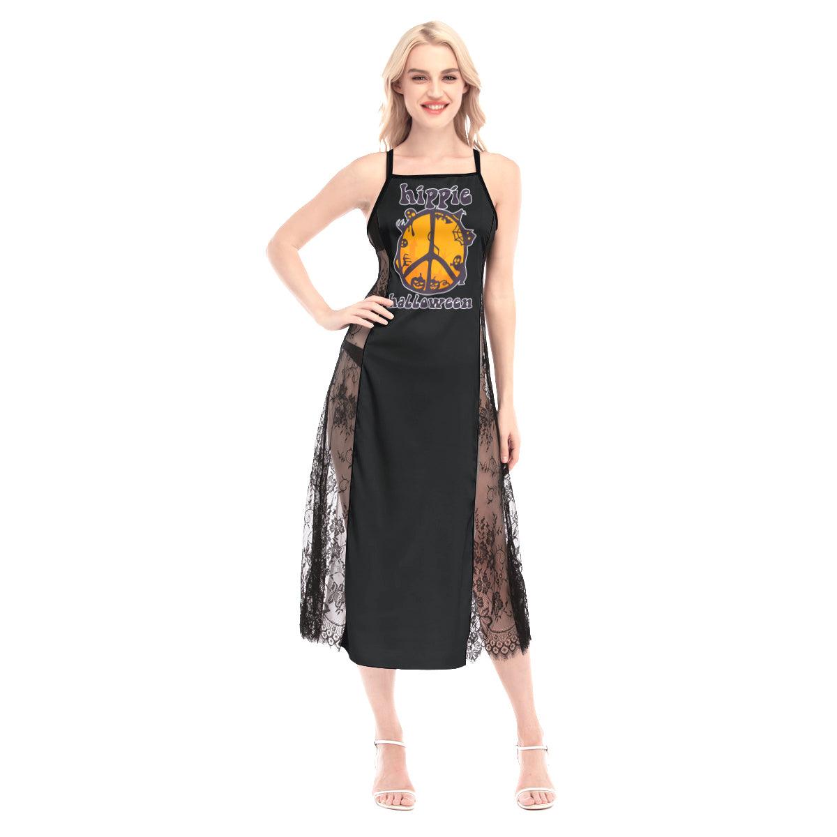 Halloween Hippie Peace Sign All-Over Print Women Lace Cami Cross Back Dress - Wonder Skull