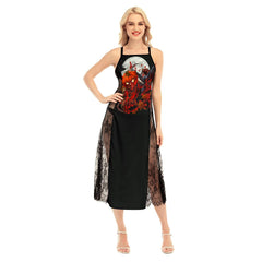 Halloween Artwork All-Over Print Women Lace Cami Cross Back Dress - Wonder Skull