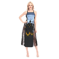 Halloween Night Pumpkin All-Over Print Women Lace Cami Cross Back Dress, Nightgown - Wonder Skull