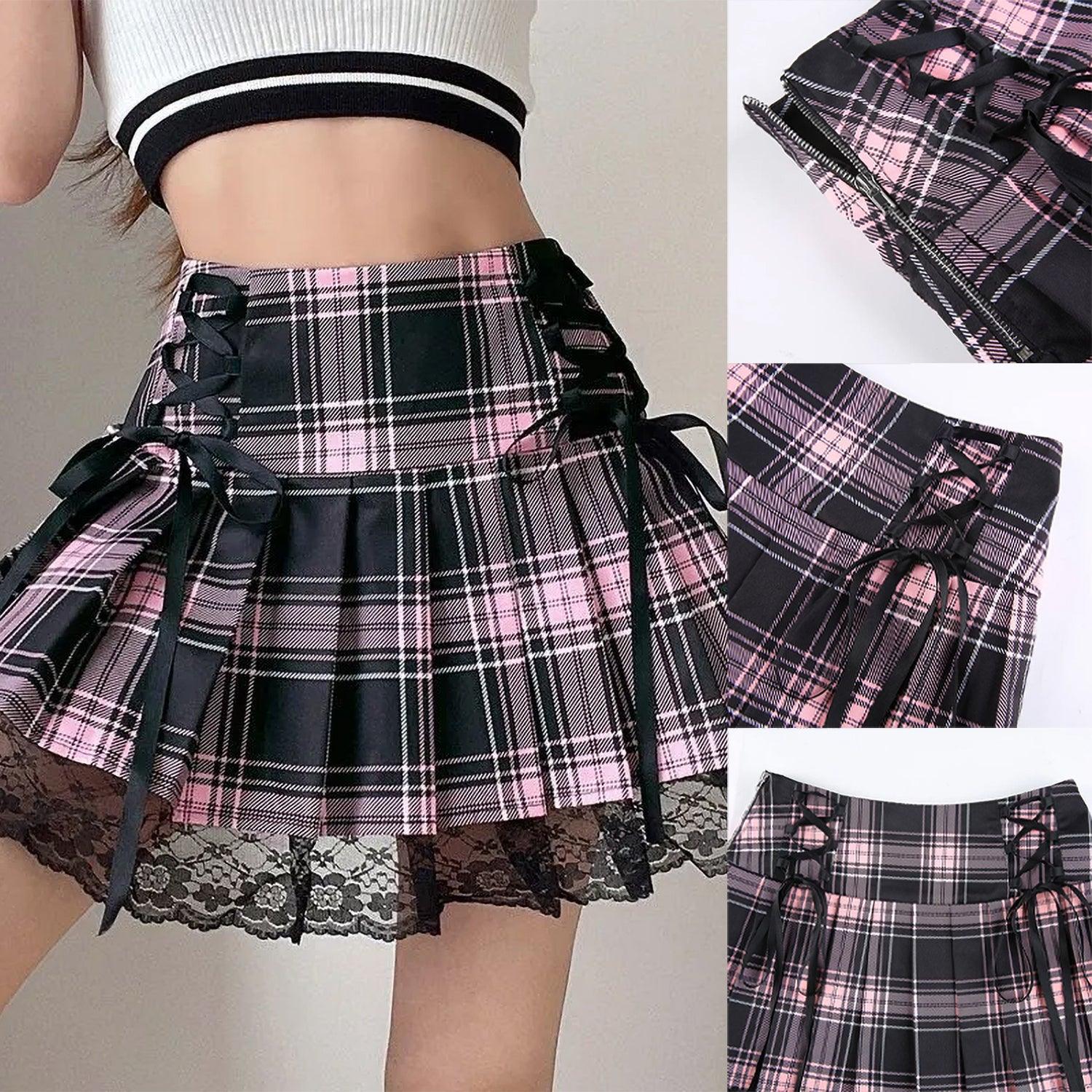 Gothic Pink Stripe Mini Skirt, Cute Black Plaid With Lace and String One Piece For Women - Wonder Skull