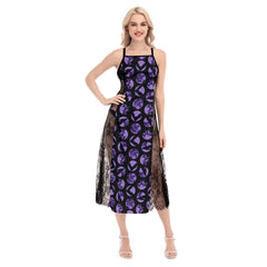 Halloween Purple Bat Pattern All-Over Print Women Lace Cami Cross Back Dress - Wonder Skull