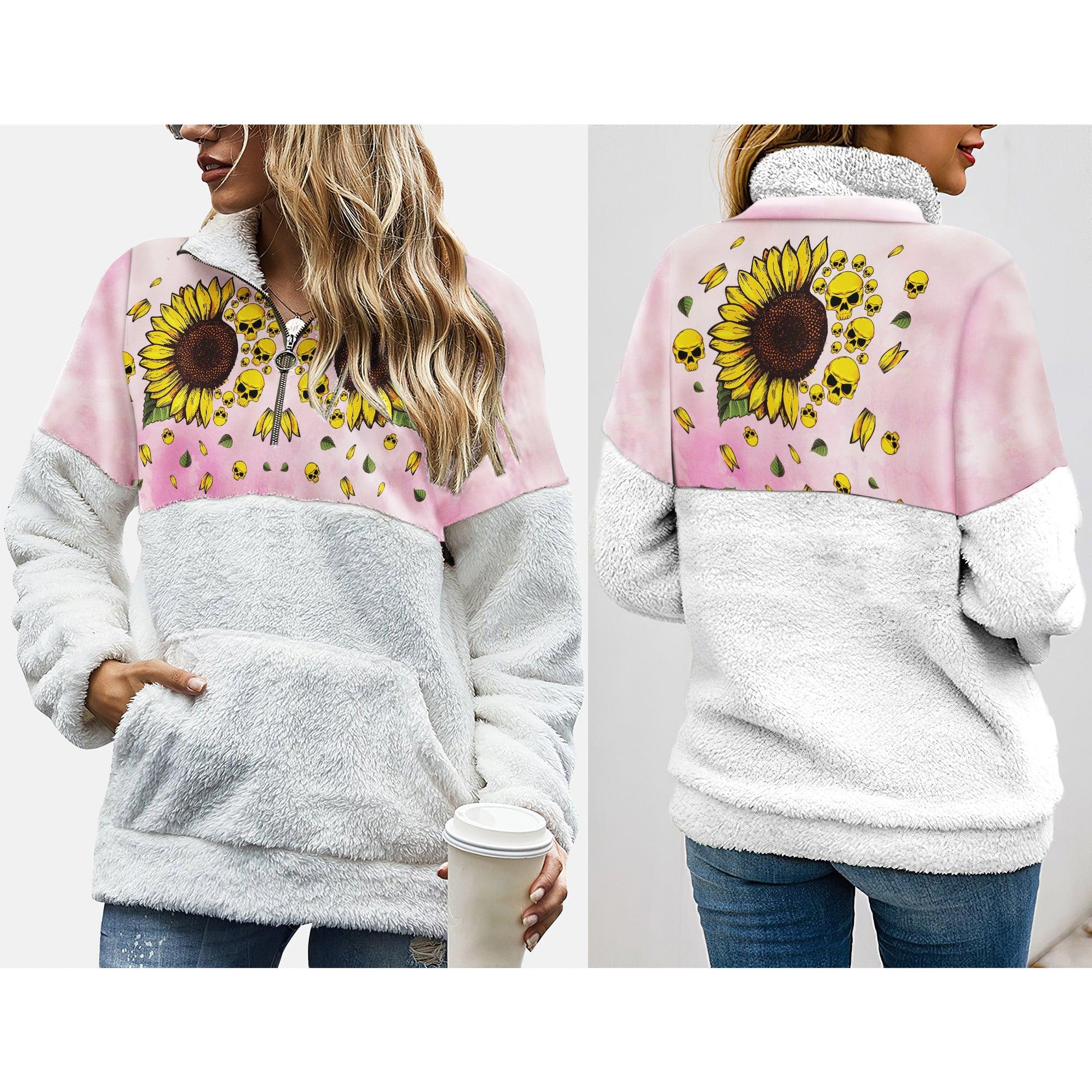 Sunflower Skull Fleece Sweatshirt With Half Zip - Wonder Skull