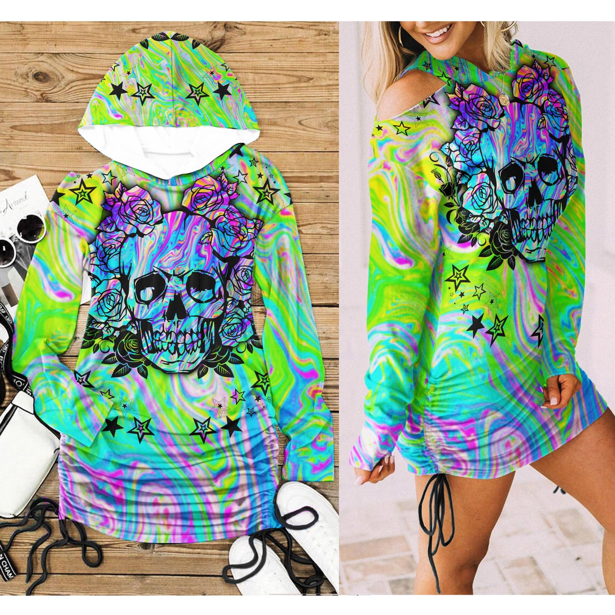 Rainbow Gothic Skull Open Shoulder Dress Hoodie - Wonder Skull