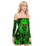 Green Fire Skull Off-shoulder Back Lace-up Dress - Wonder Skull