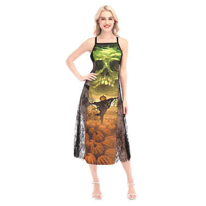 Halloween Scary Pumpkin Skull All-Over Print Women Lace Cami Cross Back Dress - Wonder Skull