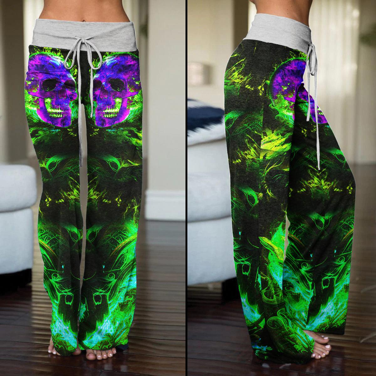 Green Purple Fire Skull High-waisted Wide Leg Pants - Wonder Skull