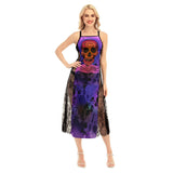 Skull Halloween All-Over Print Women Lace Cami Cross Back Dress, Sexy Sleeveless Nightgown For Women - Wonder Skull