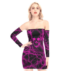 Magenta Thunder Skull Off-shoulder Back Lace-up Dress - Wonder Skull