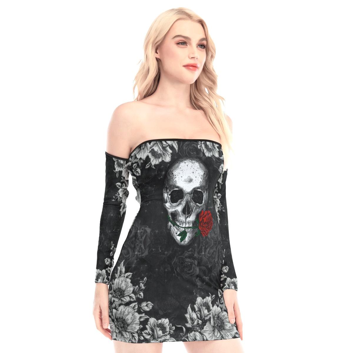Skull Biting Rose Off-shoulder Back Lace-up Dress - Wonder Skull