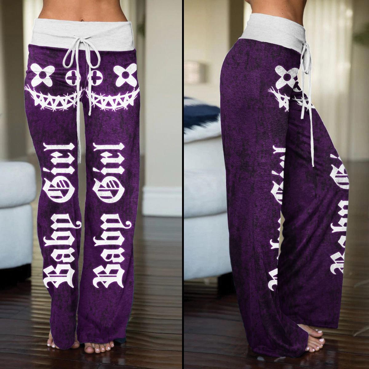 Dark Purple Bae Girl Skull High-waisted Wide Leg Pants - Wonder Skull