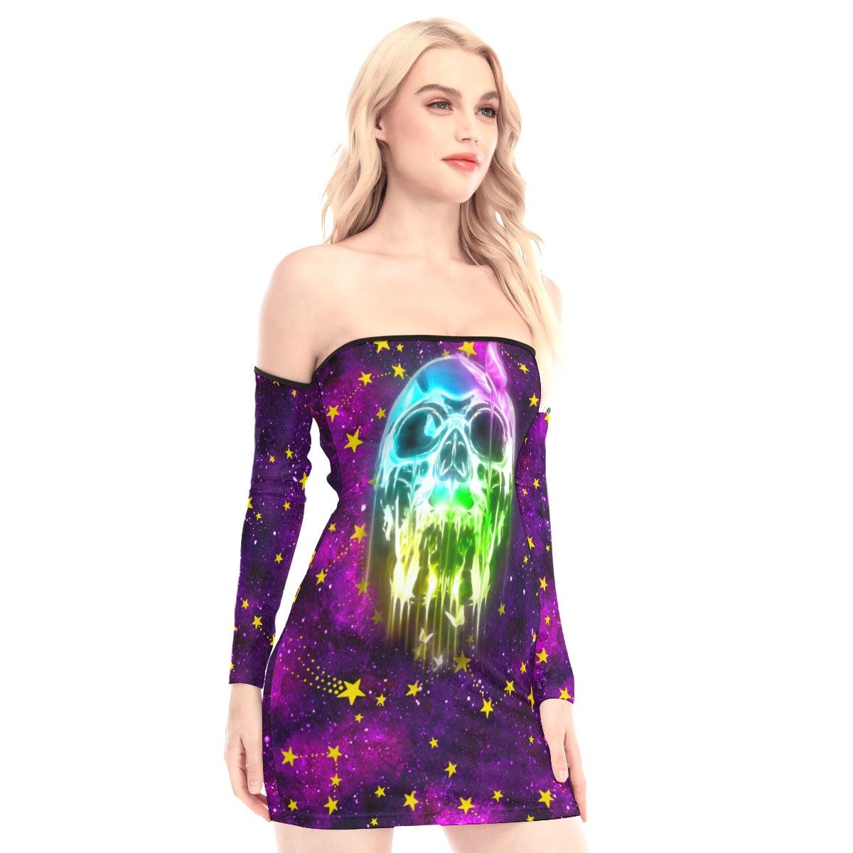 Galaxy Skull Off-shoulder Back Lace-up Dress - Wonder Skull