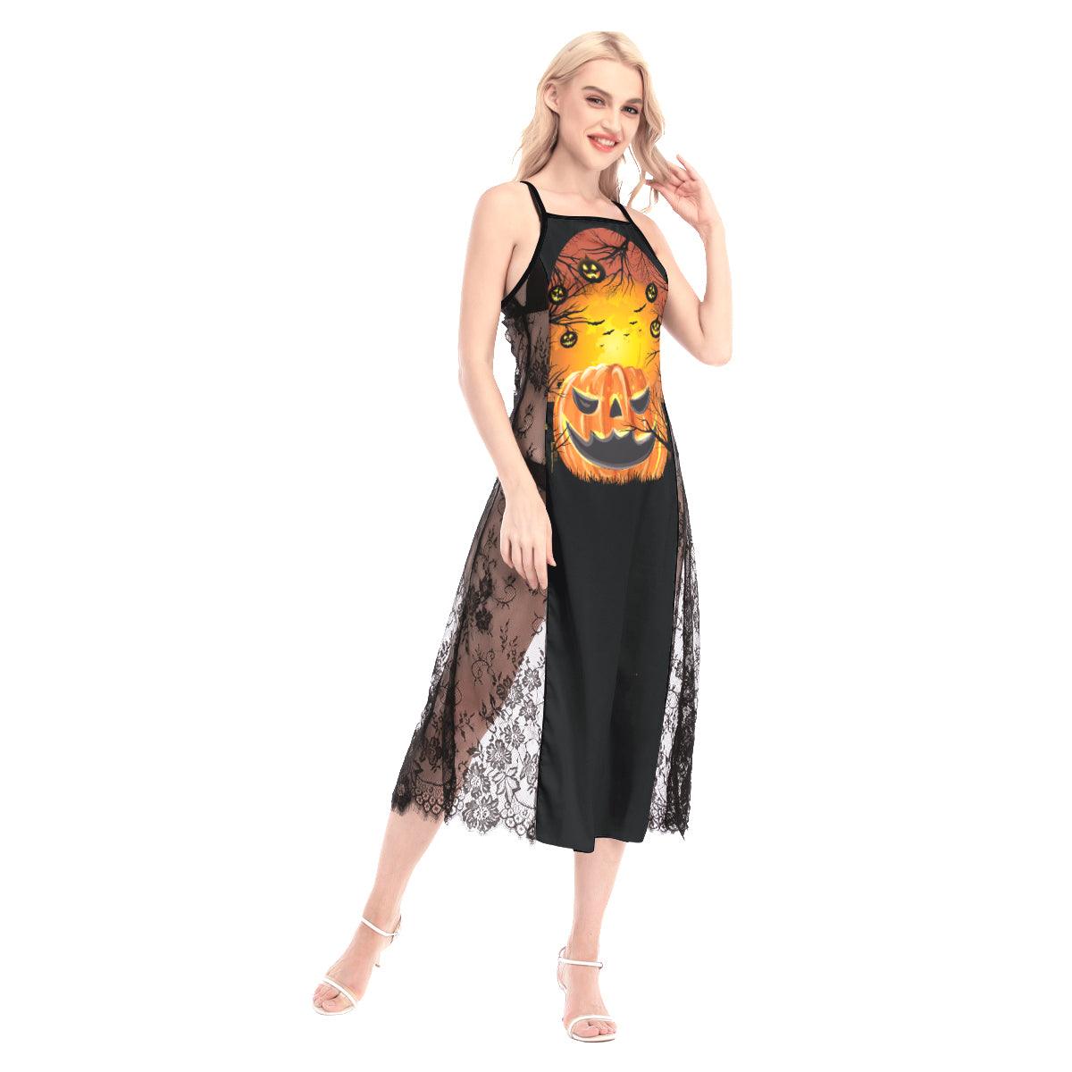 Halloween Pumpkin Tree Women Lace Cami Cross Back Dress, Sleepwear - Wonder Skull