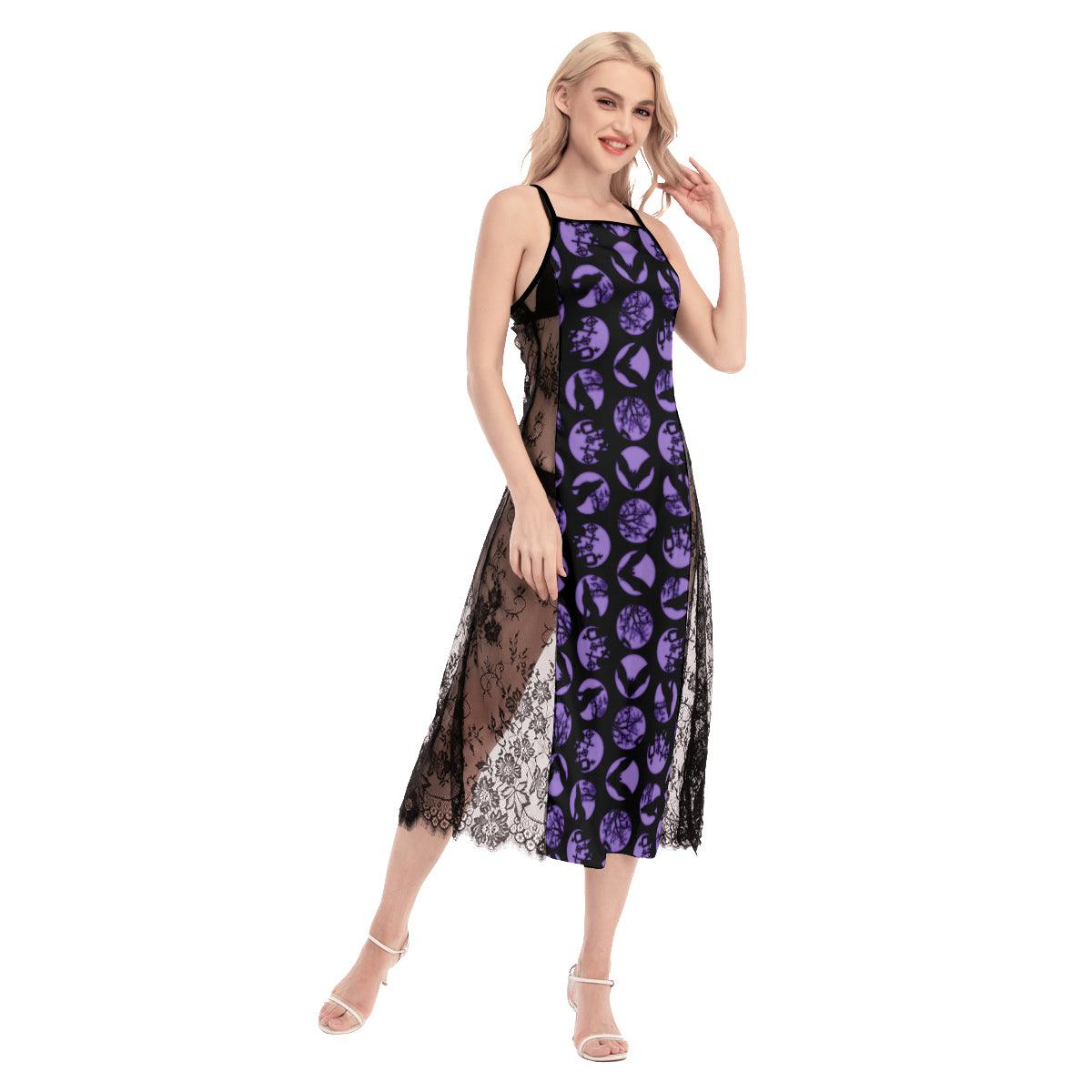 Halloween Purple Bat Pattern All-Over Print Women Lace Cami Cross Back Dress - Wonder Skull