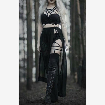 Gothic 3 Piece Straps Dress, Sexy Sling Sleeveless Vestido Set For Women - Wonder Skull
