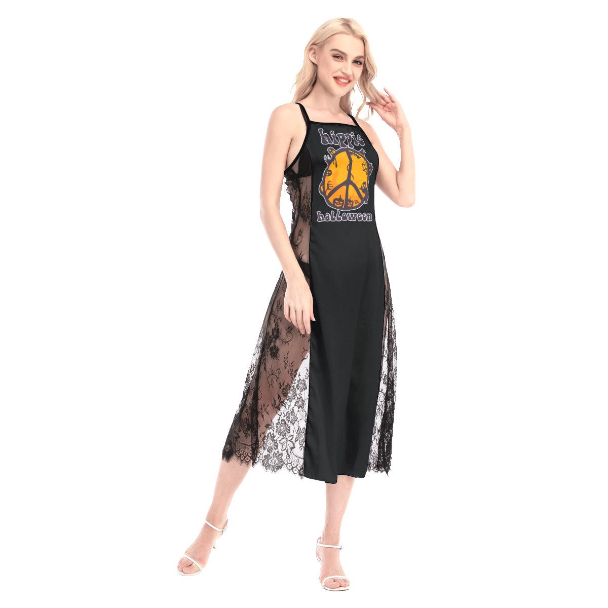 Halloween Hippie Peace Sign All-Over Print Women Lace Cami Cross Back Dress - Wonder Skull