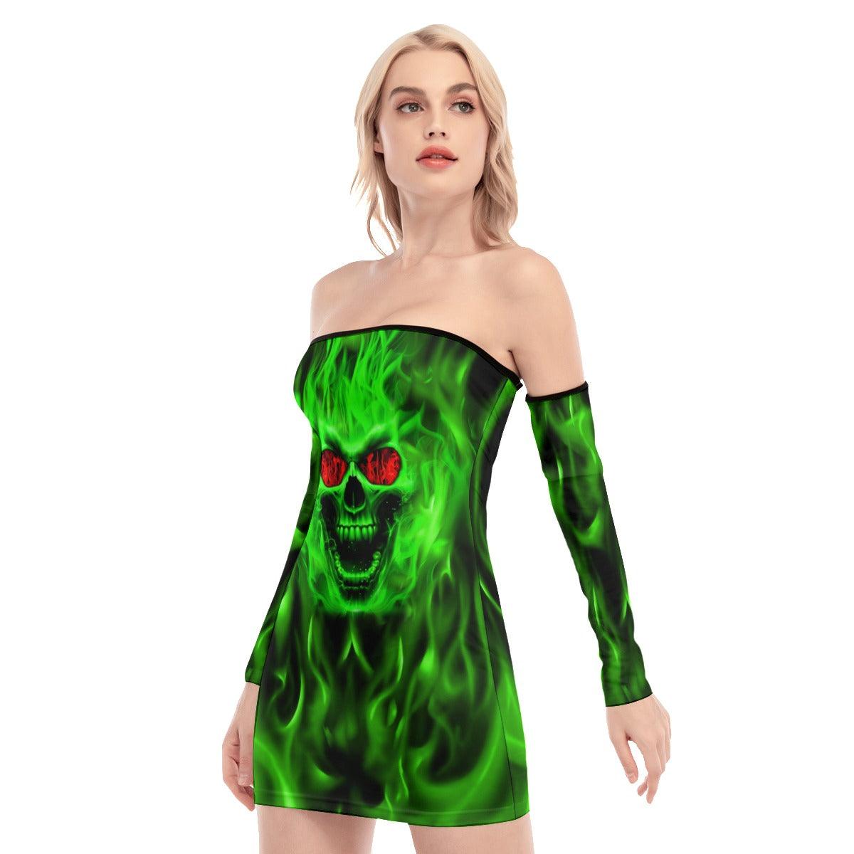 Green Fire Skull Off-shoulder Back Lace-up Dress - Wonder Skull