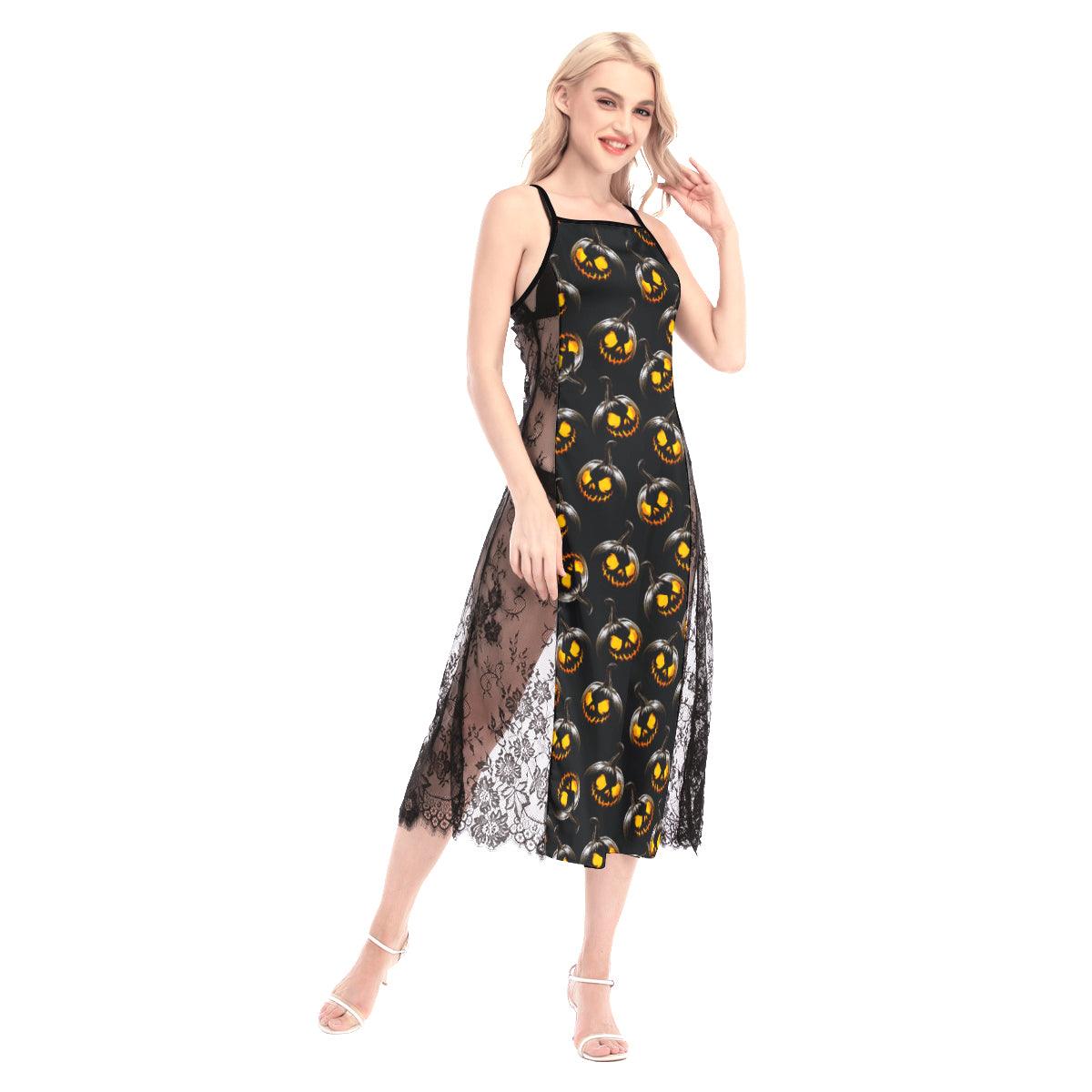 Black Skull Pumpkin All-Over Print Women Lace Cami Cross Back Dress - Wonder Skull