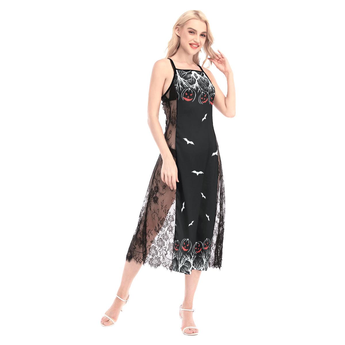 Halloween Red Black Pumpkin Tree Women Lace Cami Cross Back Dress - Wonder Skull