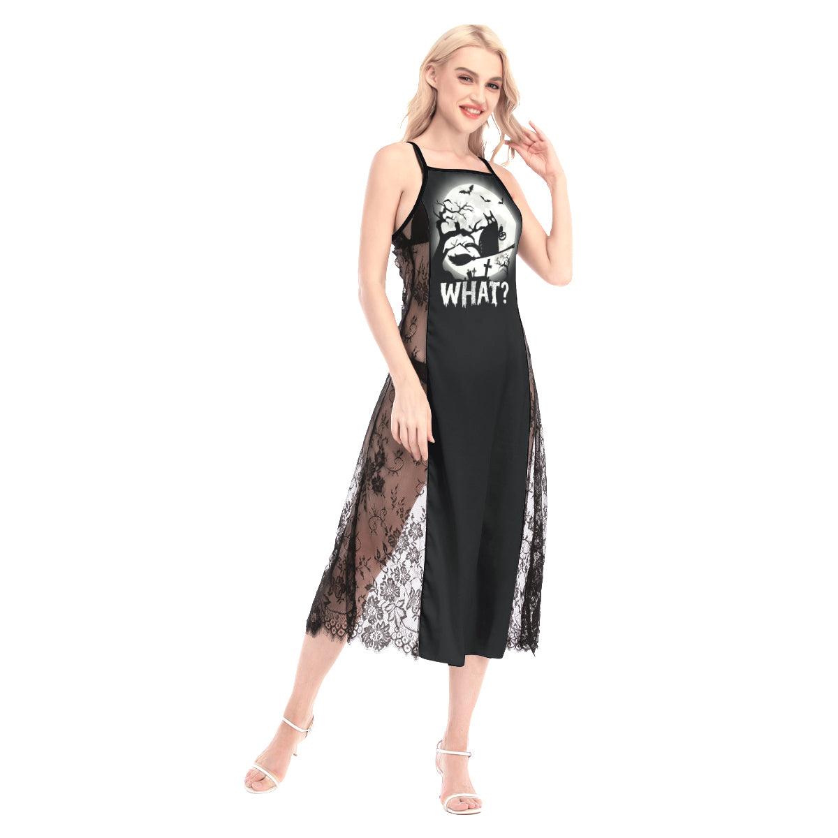 Cat What All-Over Print Women Lace Cami Cross Back Dress, Gorgeous Sleevless Sleepwear - Wonder Skull