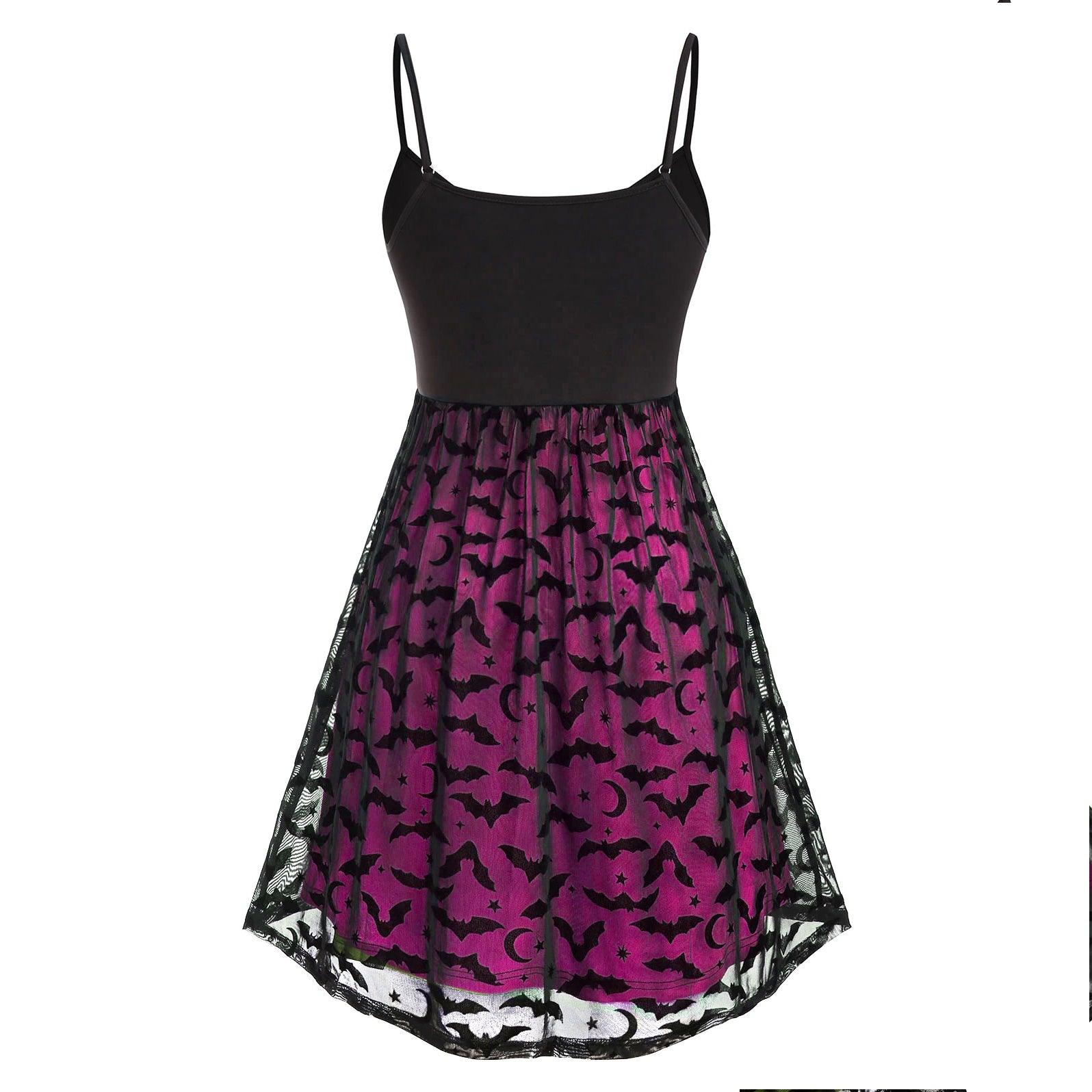 Gothic Bat Mesh Pink Neon Double Layer Dress, Sexy Strap A-Line Party Vestidos For Women - Wonder Skull