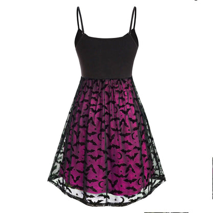 Gothic Bat Mesh Pink Neon Double Layer Dress, Sexy Strap A-Line Party Vestidos For Women - Wonder Skull