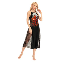 Halloween Artwork All-Over Print Women Lace Cami Cross Back Dress - Wonder Skull