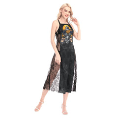 Straw Skull All-Over Print Women Lace Cami Cross Back Dress, Sexy Nightgown - Wonder Skull