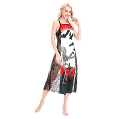 Halloween Skull Dancing All-Over Print Women Lace Cami Cross Back Dress, Sexy Nightgown - Wonder Skull