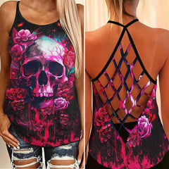 Punk Skull Gothic Rose Criss-Cross Open Back Tank Top - Wonder Skull