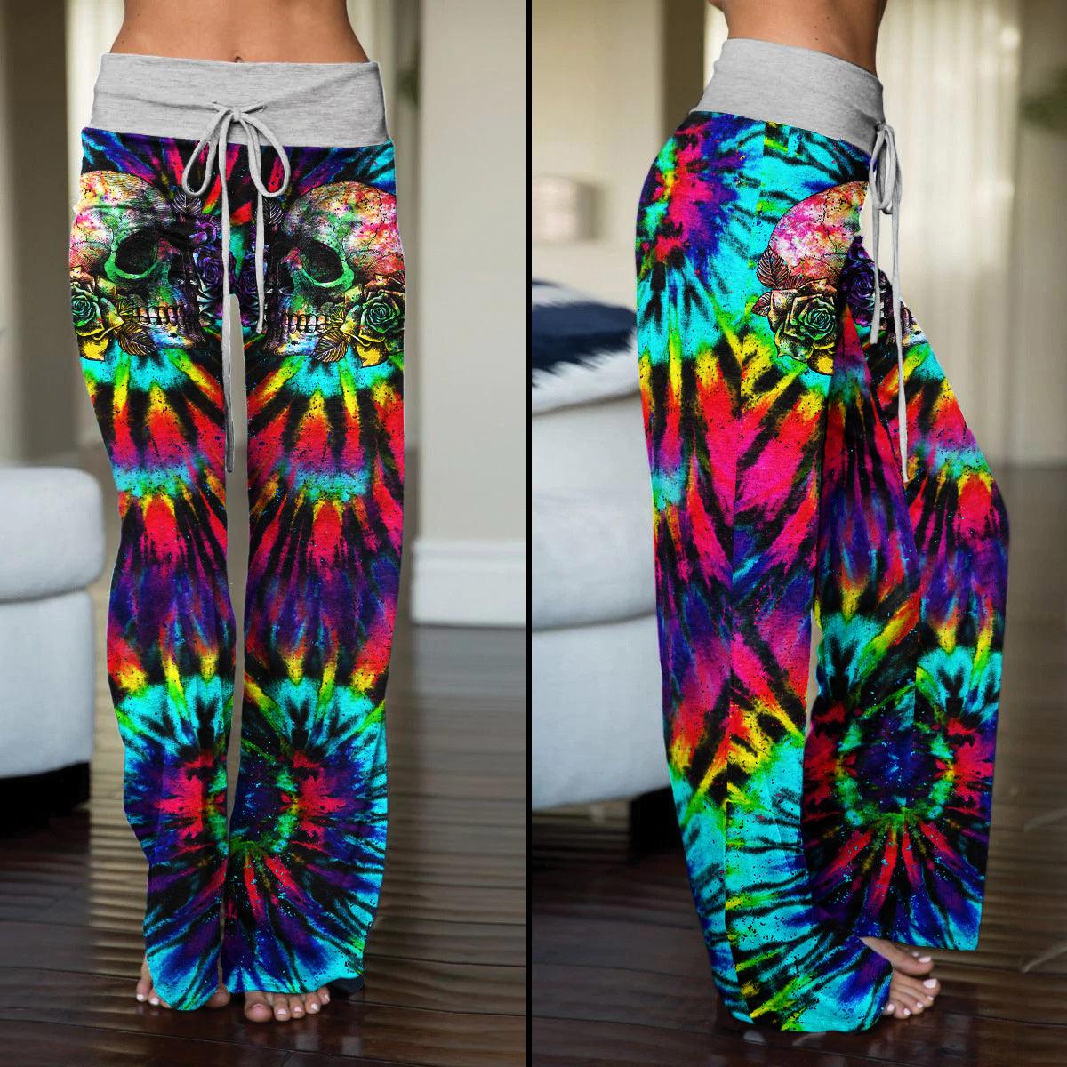 Solid Tiedye Skull High-waisted Wide Leg Pants - Wonder Skull