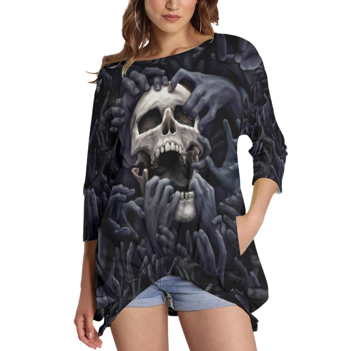 Horror Skull Hand Sweatshirt With Irregular Pleated Hem - Wonder Skull