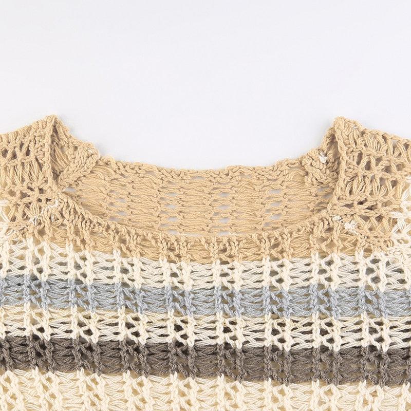 Retro Hollow Out Casual Crop Top, Beautiful Knitted Long Sleeve For Women - Wonder Skull
