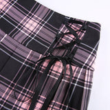 Gothic Pink Stripe Mini Skirt, Cute Black Plaid With Lace and String One Piece For Women - Wonder Skull