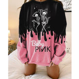 Vintage Gothic Skull Print Sweater, Wonderful Pink Black Long Sleeves Top For Women - Wonder Skull