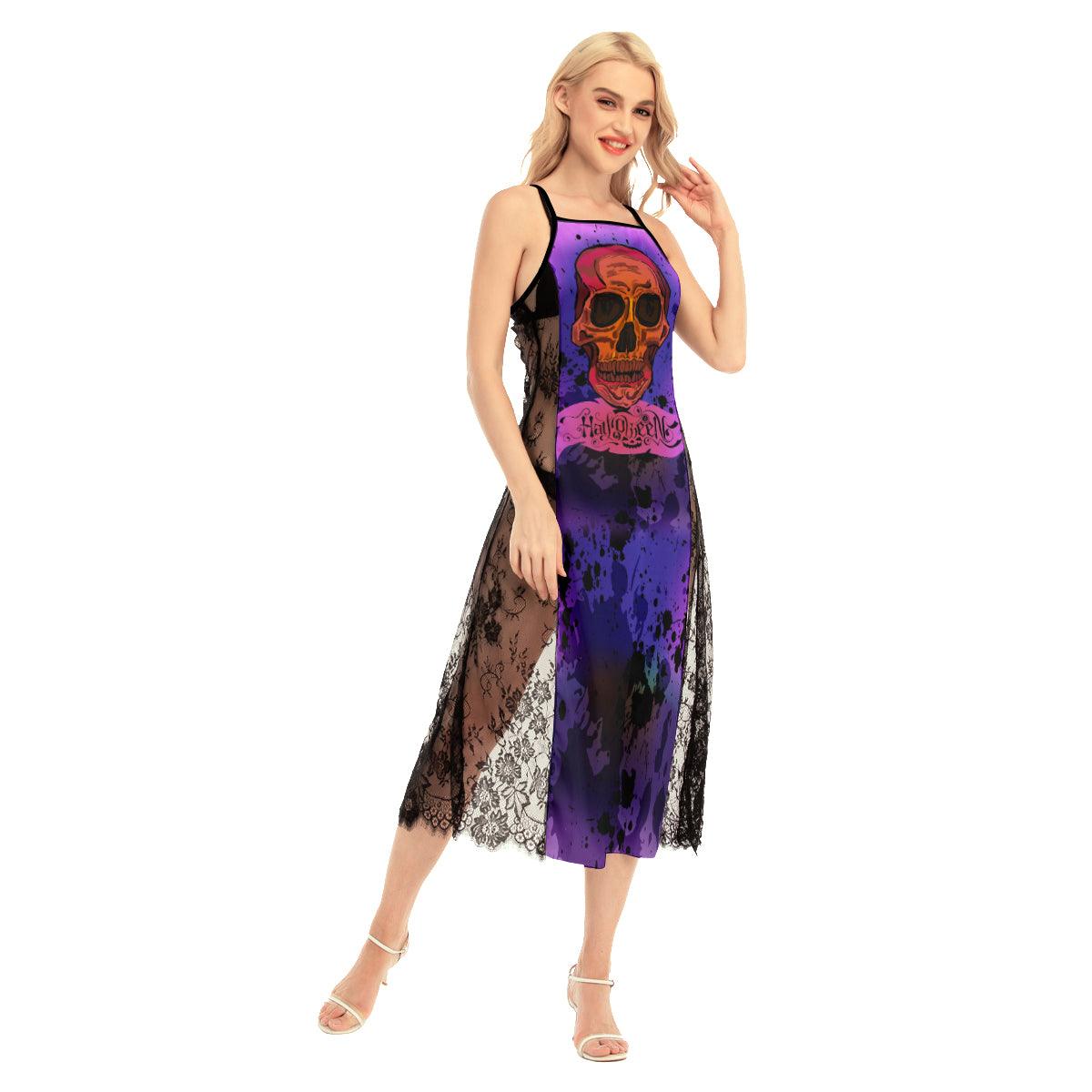 Skull Halloween All-Over Print Women Lace Cami Cross Back Dress, Sexy Sleeveless Nightgown For Women - Wonder Skull