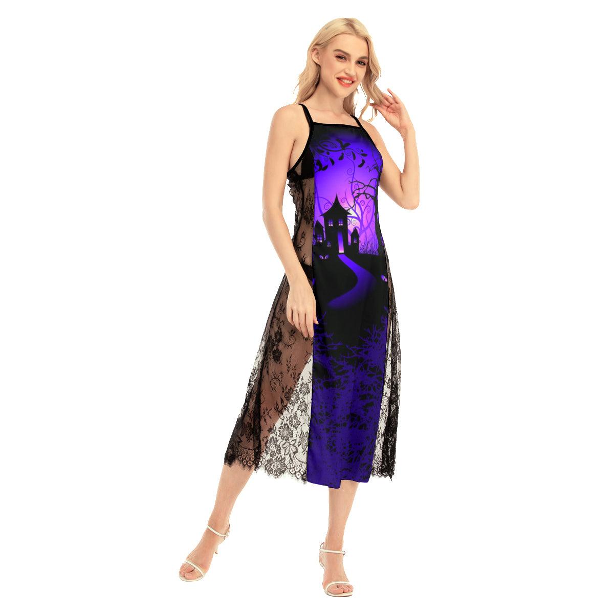 Cat Eye Castle All-Over Print Women Lace Cami Cross Back Dress, Sexy Spaghetti Strap Sleepwear For Women - Wonder Skull