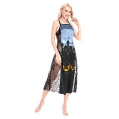 Halloween Night Pumpkin All-Over Print Women Lace Cami Cross Back Dress, Nightgown - Wonder Skull