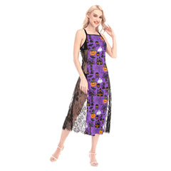 Halloween Purple Pattern All-Over Print Women Lace Cami Cross Back Dress - Wonder Skull