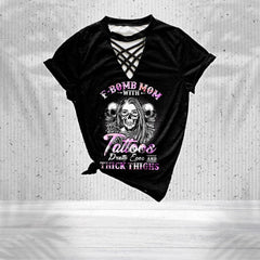 Funny Badass Skull Mom V-Neck Shirt and Wide Legs Pants - Wonder Skull