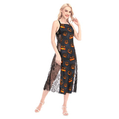 Halloween Pumpkin All-Over Print Women Lace Cami Cross Back Dress - Wonder Skull