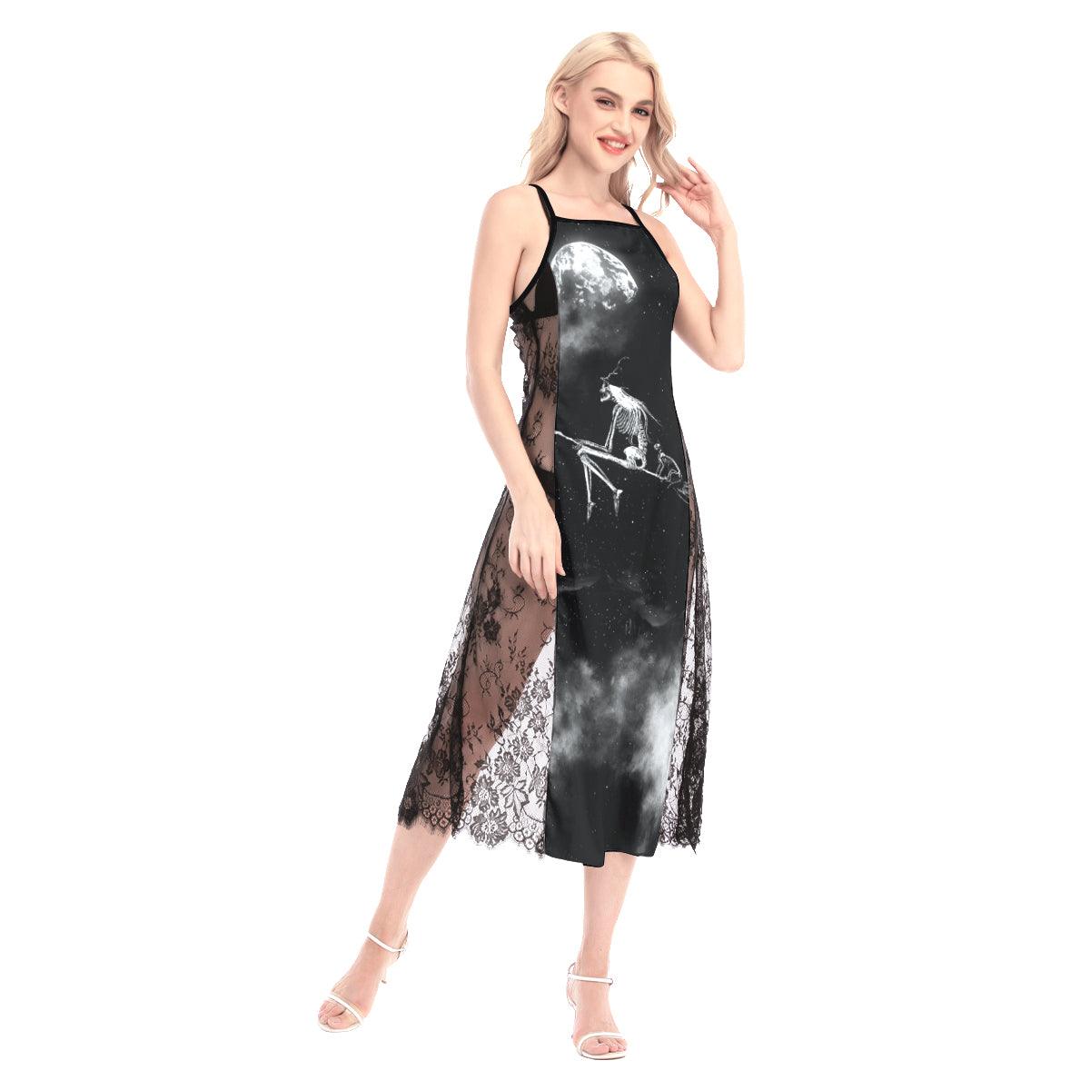 Halloween Witchy All-Over Print Women Lace Cami Cross Back Dress - Wonder Skull