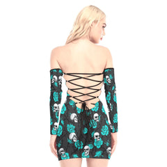 Skull Cyan Rose Off-shoulder Back Lace-up Dress - Wonder Skull