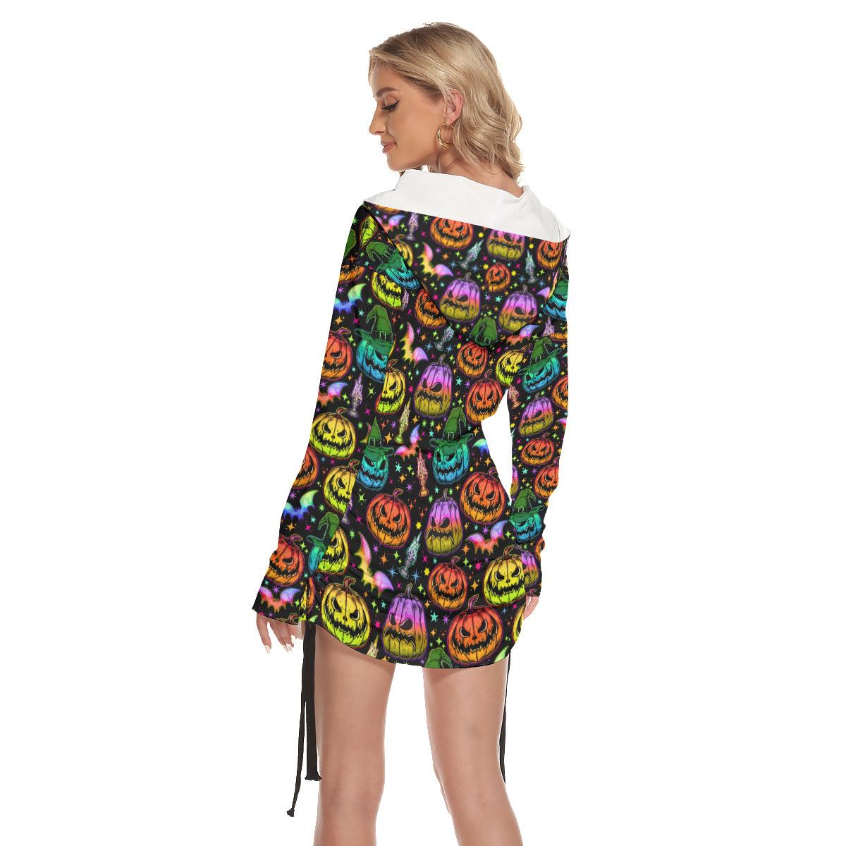 Colorful Halloween All Over Print Women One Shoulder Dress With Waist Shirring, Long Hoodie For Women - Wonder Skull
